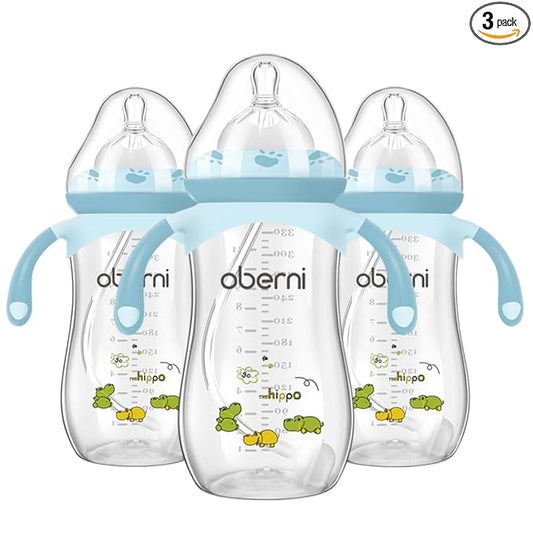 Oberni Baby Bottle 330ml, 11oz Weighted Straw Toddler Milk Feeding Bottle with Size “+” Variable Flow Teat for 12m+, Blue/ 3 Pack