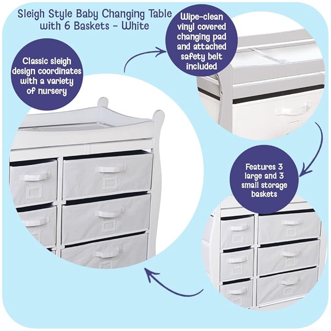 Badger Basket Sleigh Style Baby Changing Table with 6 Storage Drawers and Pad - White