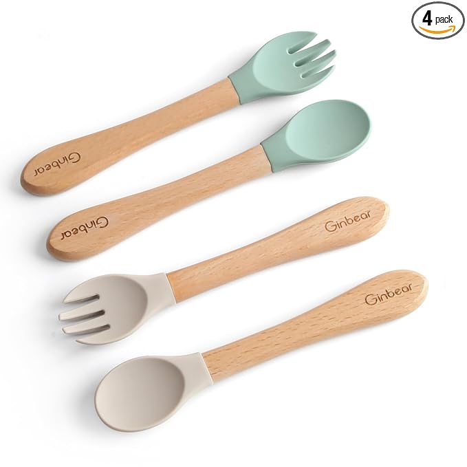 Ginbear Silicone Baby Spoons and Forks Self-feeding 12-18 Months, Soft-Tip Baby Flatware Sets, Toddler Feeding Utensils for Child, 4 Piece Set (Hazy Green/Almond)