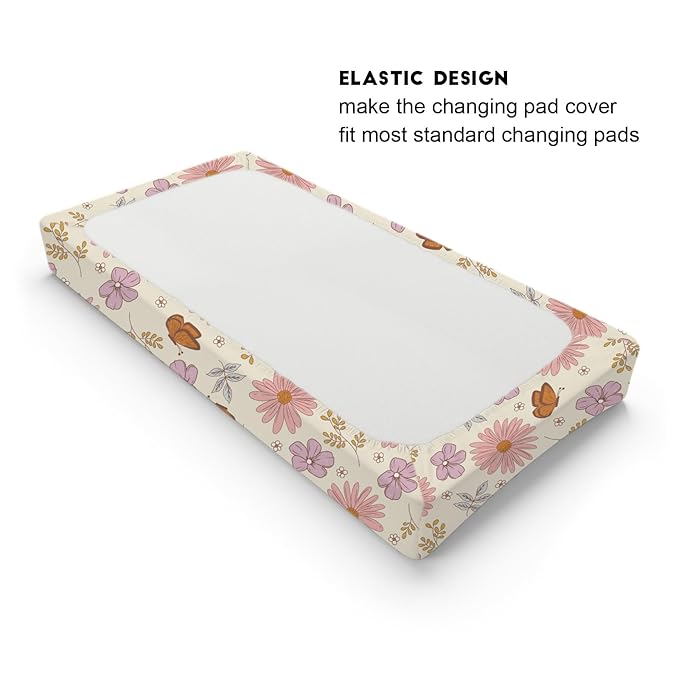 Vintage Flowers Butterflies Baby Changing Pad Covers for Boy Girl 32''x16'' Retro Boho Floral Leaves Fitted Changing Table Sheets Spring Wild Plants Soft Breathable Nursery Diaper Change Table Mats