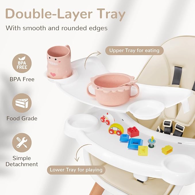 HONEY JOY Baby High Chair, Eat & Grow Beech Wooden Highchair for Babies and Toddlers, Removable Double-Layer Food Tray, 5-Point Harness, PU Cushion and Footrest for Infants Boys Girls (Beige)