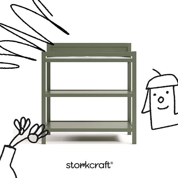 Storkcraft Alpine Changing Table (Olive) - Includes Water Resistant Changing Pad with Safety Strap, 2 Open Shelves for Storage