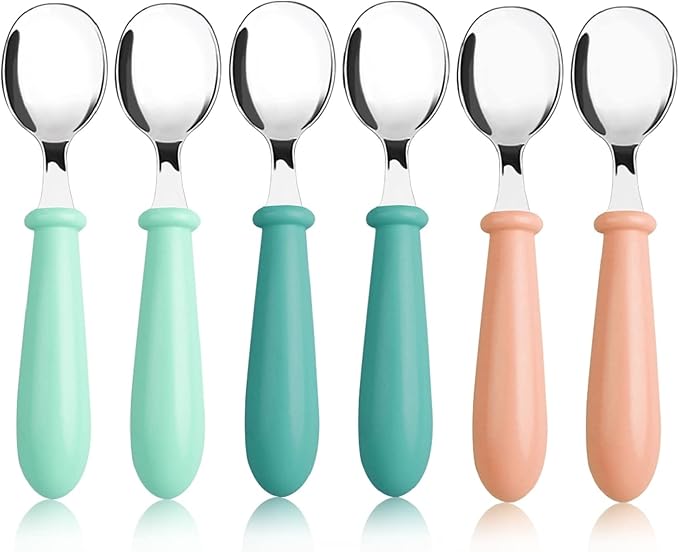 Pimoys 6 Pieces Stainless Steel Toddler Spoons, Kids Spoons with Round Handle, Toddler Utensils Children's Silverware Set, BPA Free, Dishwasher Safe