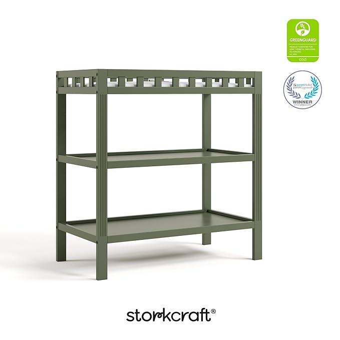 Storkcraft Morningside Changing Table (Olive) – GREENGUARD Gold Certified Baby Changing Table, Includes Waterproof Diaper Changing Pad, Easy 30-Minute Assembly, 2 Open Shelves for Storage