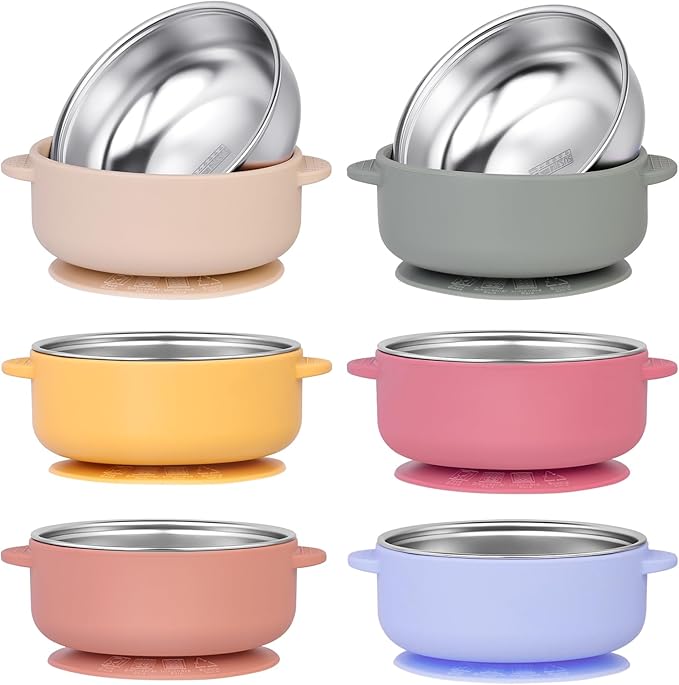 6 Pack 304 Stainless Steel Baby Bowls with Removable Non-Slip Silicone Shell, Suction Bowls for Baby, Scald-Resistant Food Containers, for Kids, Babies Food Feeding（6 Colors）