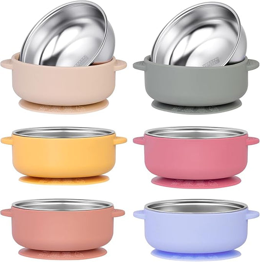 6 Pack 304 Stainless Steel Baby Bowls with Removable Non-Slip Silicone Shell, Suction Bowls for Baby, Scald-Resistant Food Containers, for Kids, Babies Food Feeding（6 Colors）