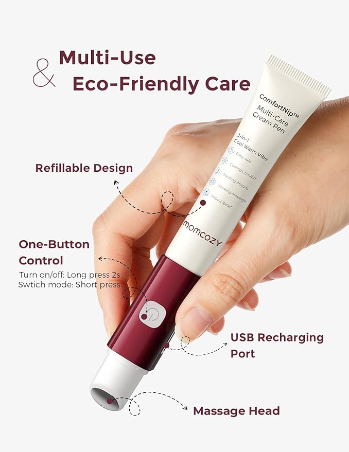 Momcozy ComfortNip™ 3-in-1 Multi-Care Cream Pen Kit, Heat/Cool/Vibe Breastfeeding Pen + Nipple Cream Refills Combo, Rechargeable Touch-Free 316 Steel Head for Nipple Pain Relief & Clogged Ducts