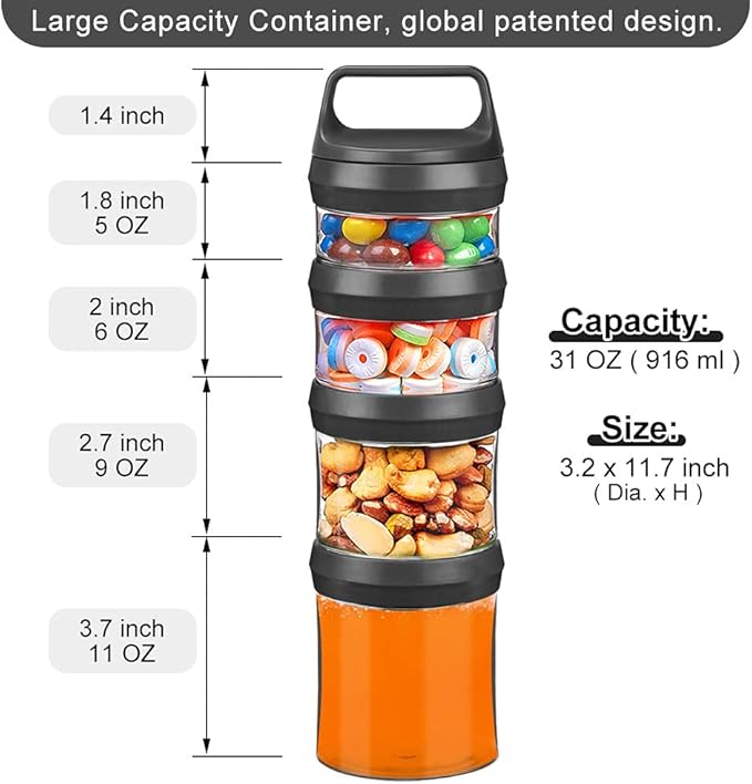 SELEWARE Stackable Snack Jars, Twist Lock Stackable Containers Set, Food Storage Travel Container for Storing Milk Protein Powder Snacks, BPA Free, 4-Piece for 1 Pack (Black, Total 31oz)