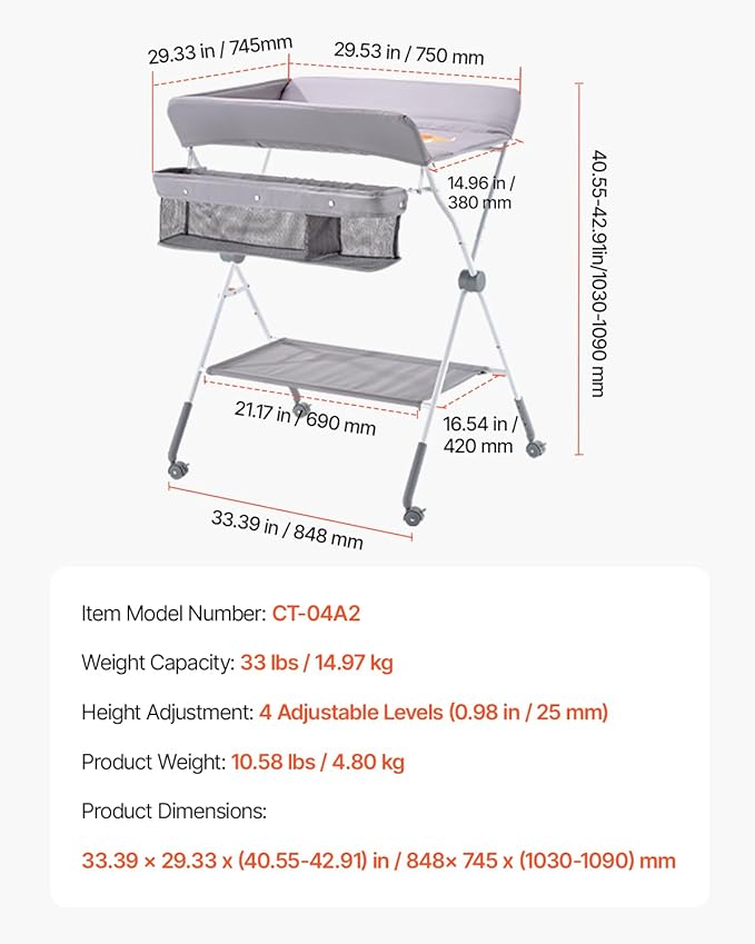 VEVOR Baby Changing Table, Foldable Diaper Change Station with Side Basket, Adjustable Height Changing Table with Lockable Wheels, Multi-Functional Nursery Storage Organizer, Gray