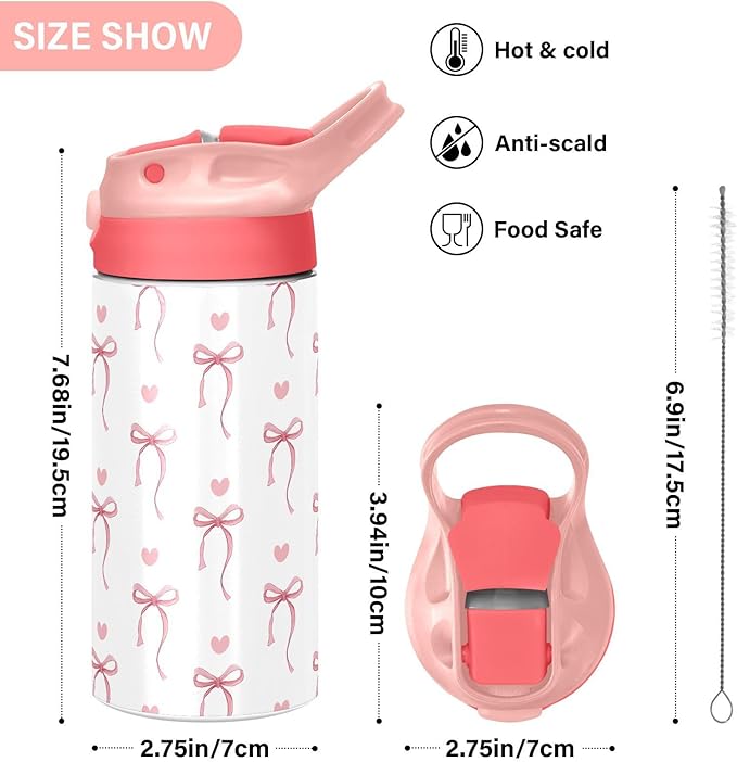Pink Ribbon Bow Kids Water Bottle with Straw and Carry Handle Heart Bow Tie White Cute Vacuum Insulated Stainless Steel Bottles Leak-Proof for Boys Girls Toddler 12 oz Pink Lid