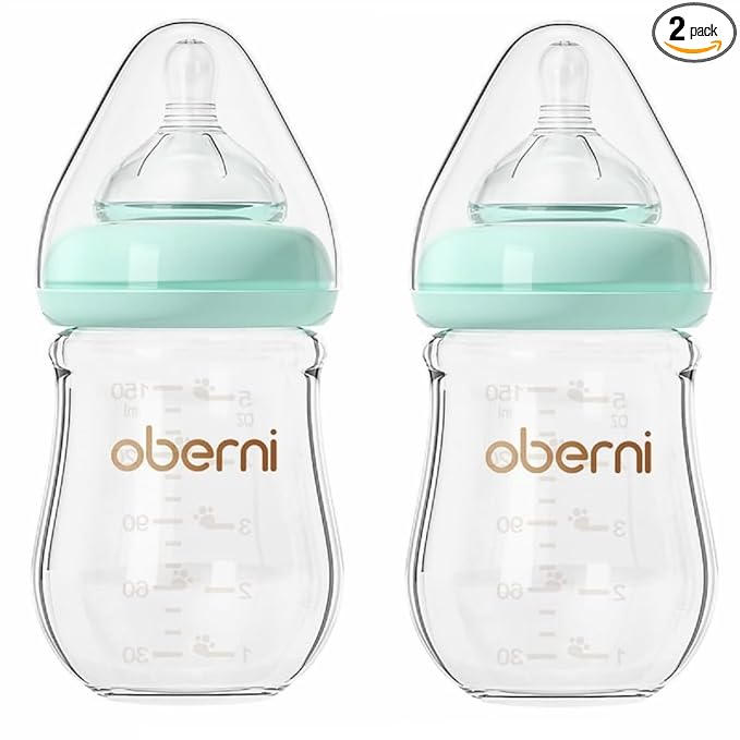 Glass Baby Bottles, Anti Colic Breastfeeding Bottle with Natural Response Nipple for Newborn Preemie 0+ Month, BPA Free, Wide Neck, Blue/2Pack/5oz