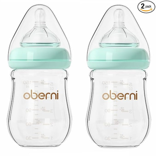 Glass Baby Bottles, Anti Colic Breastfeeding Bottle with Natural Response Nipple for Newborn Preemie 0+ Month, BPA Free, Wide Neck, Blue/2Pack/5oz