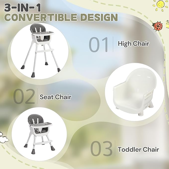 Ktaxon 3-in-1 Baby High Chair, Portable Adjustable Height Highchair with Removable Dual-Layer Tray, 5-Point Safety Harness and Footrest for Toddlers & Babies, Grey