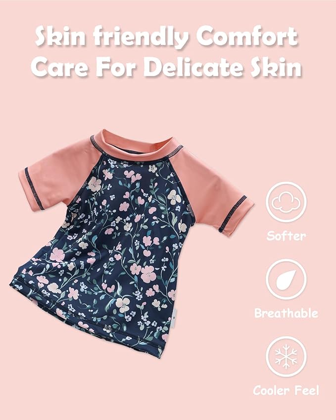 ALVABABY Baby Girl Swimsuit, 2-Piece Infant Toddler Bathing Short Sleeve Swimwear, Large Baby Reusable Swim Diaper with Matching Top
