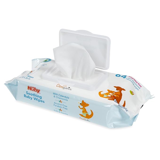 Nuby Soothing Baby Wipes Naturally Inspired with Chamomile Aloe and Citroganix (Fragrance Free/Extra Thick), Unscented, 64 Count (Pack of 2)