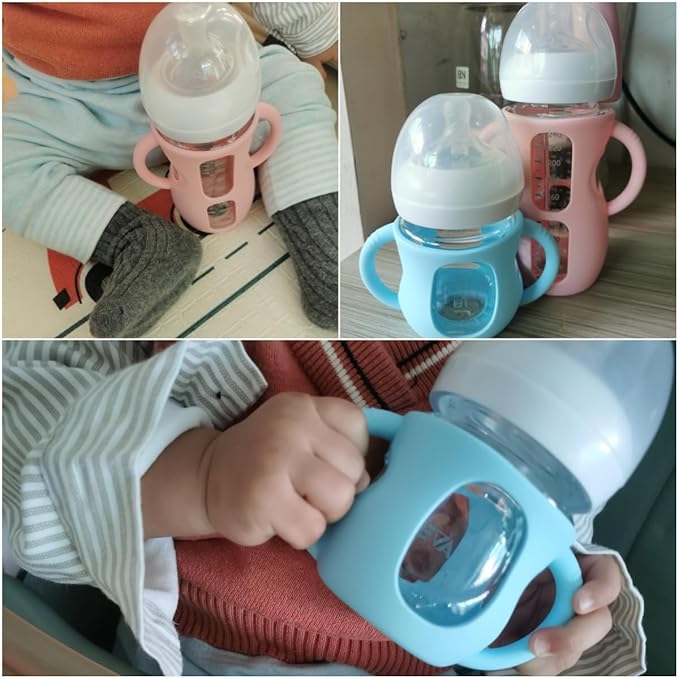 3 Pack Silicone Sleeves Compatible with Dr Brown Wide-Neck Glass Baby Bottles 5OZ/150mL, 100% Silicone Handles for Sippy Cups for Toddlers 1-3, Anti Breakage (5 OZ)