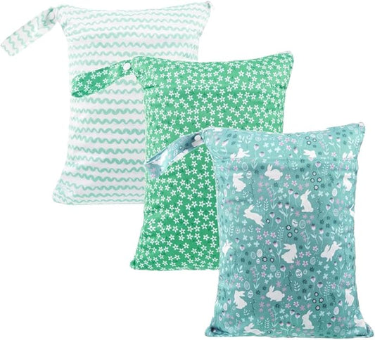 MOMIGO 3 pcs/set Wet Dry Bags for Baby Cloth Diapers - Reusable Washable for Stroller, Diapers, Travel Bags, Gym Bag 11.8 * 15.7 inch (Green)