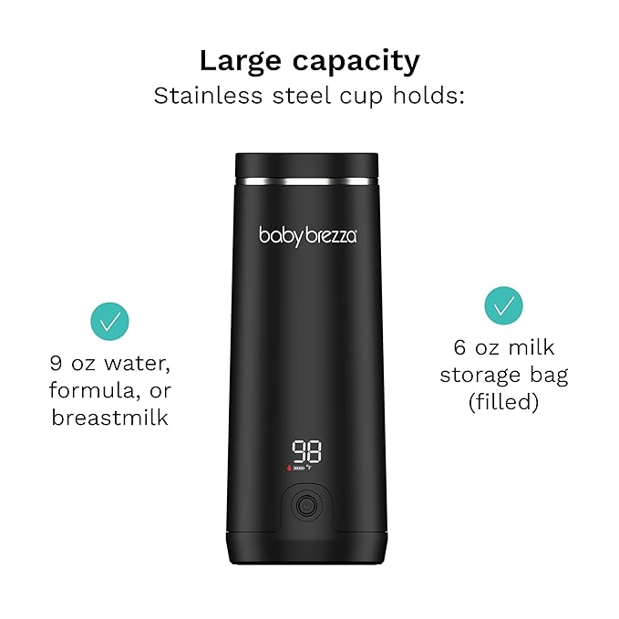 Baby Brezza Portable Warmer – 3X Faster Baby Bottle Warming - Travel Breastmilk and Formula Warmer - Safe, Even Heating - Up to 9oz - No Adapters, Black