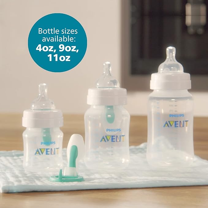 Philips Avent Anti-Colic Baby Bottle with AirFree Vent, 4oz, with Flow 1 Nipples, 0m+, 1Pk, Clear, SCY701/91