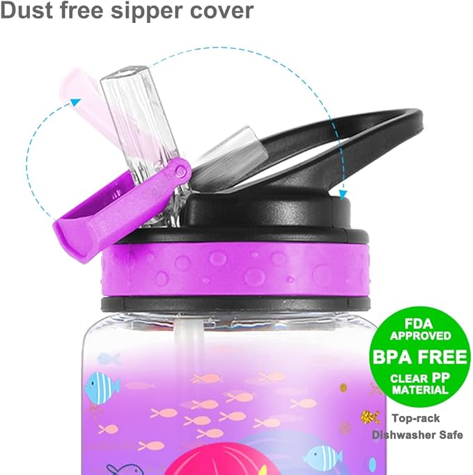 15oz Water Bottle for Kids Girls Boys School, BPA Free, Leak Proof Flip Straw, Carry Loop, Easy Clean - Mermaid