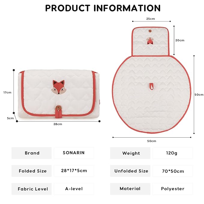 SONARIN Cute Portable Baby Changing Mat,Waterproof Folding Diaper Changing Pad Lightweight Travel Nappy Changing Mat Changing Station with Pocket for Newborns Infants(Fox)