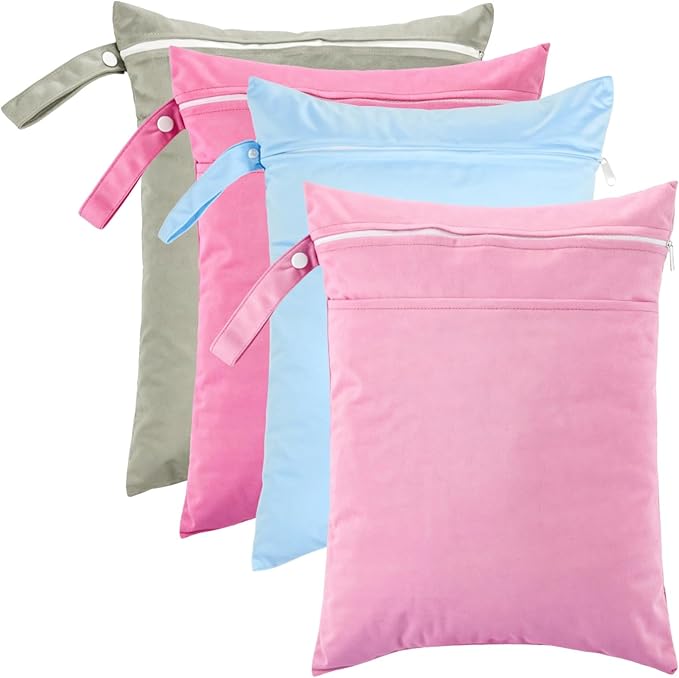 4 Pcs Wet Bags Set, Double Zipper Waterproof Nappy Bag, 11.8 x 15.7 In, Swim Wet Bags with Handle, Reusable Wet Dry Bags for Cloth Nappies, Travel, Multicolor