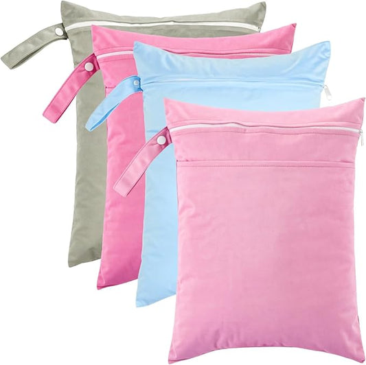 4 Pcs Wet Bags Set, Double Zipper Waterproof Nappy Bag, 11.8 x 15.7 In, Swim Wet Bags with Handle, Reusable Wet Dry Bags for Cloth Nappies, Travel, Multicolor