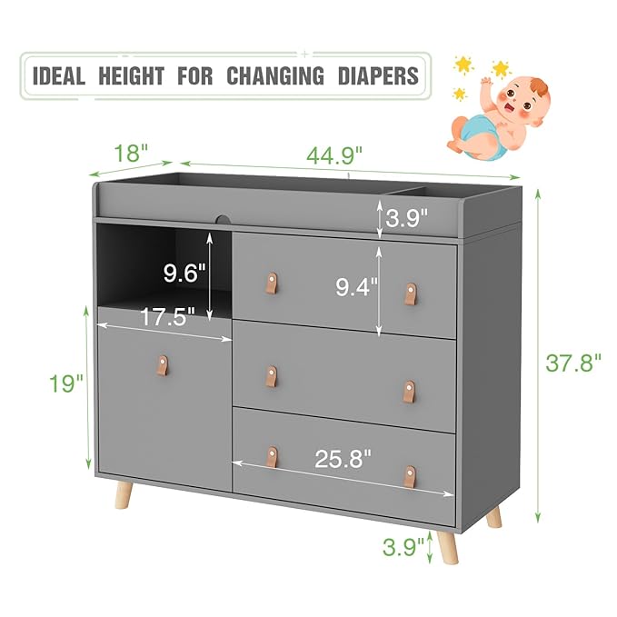Timechee Baby Dresser Changing Table with Drawers,Shelf,Hidden Laundry Basket Storage,2 in 1 Nursery Dresser Chest for Infants, Baby Diaper Changing Station for Daycare,Bedroom,Grey