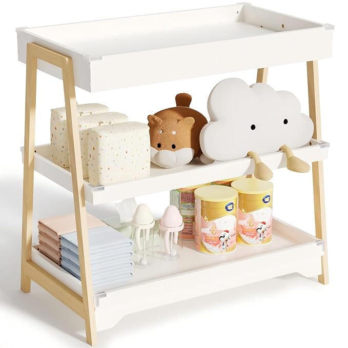 KORIMEFA Baby Changing Table with Two Open Shelves for Infant Daycare Essentials Storage - White with Natural Wood Legs