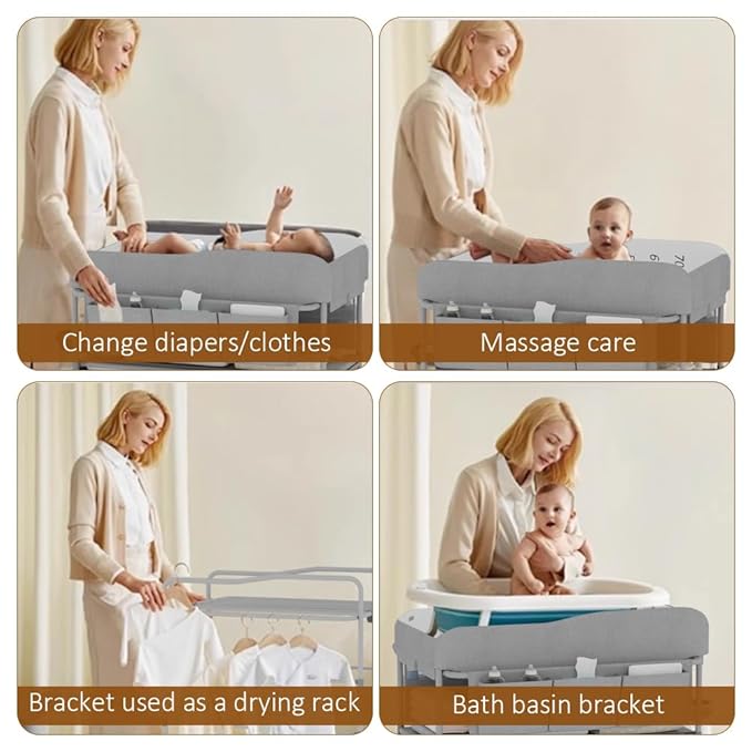 Diaper Changing Station, Portable Changing Table for Baby, Diaper Changing Table with Storage Drawers, Waterproof Baby Changing Station with Wheels and Adjustable Height for Newborn Infant (Grey)