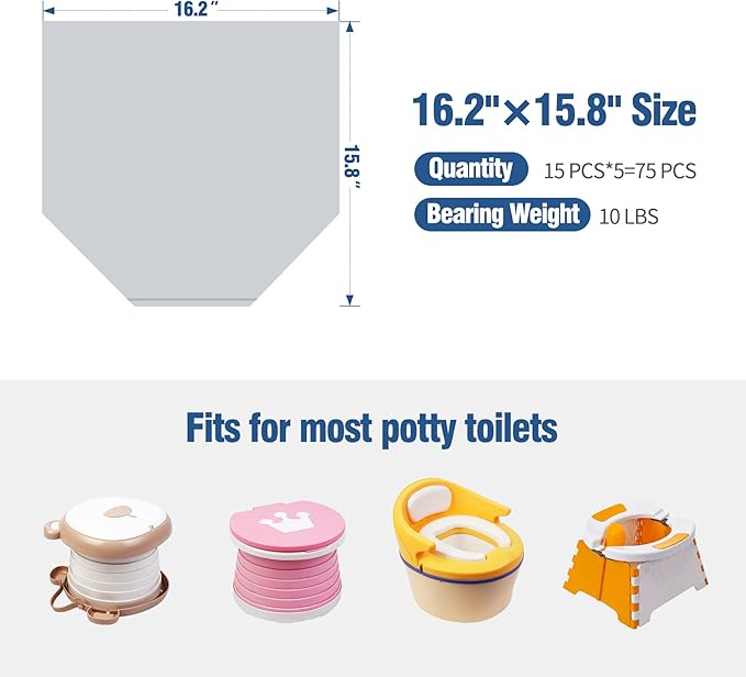Potty Liners for Portable Toilet 75-count, 16.2"*15.8" Universal-Fit Travel Bags, Disposable Liners for Toddlers, Leak-proof Bags for Outdoor Use and Training