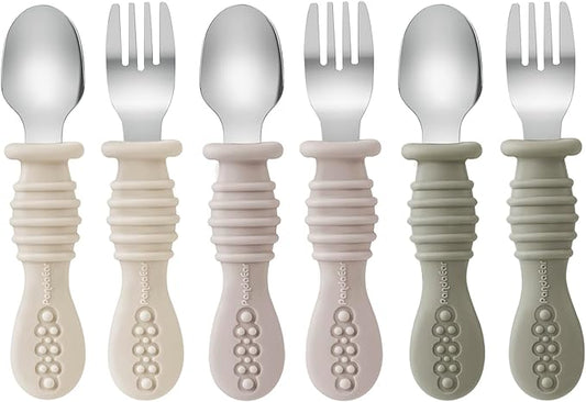 PandaEar 6 Pack Toddler Fork and Spoon Utensil Set, Baby Silicone Stainless Steel Silverware Spoon Fork for Babies Kids, BPA Free (Walnut&Linen&Brown)