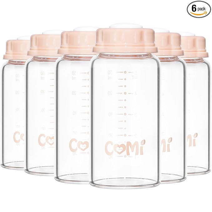 COMI Natural Glass Baby Bottle,Standard Neck Breastmilk Storage Bottle for Fridge,Breast Milk Container,Breast Pump Bottle Compatible with Medela Breast Pump,BPA Free,6PCS (5oz,6 Pink Lids)