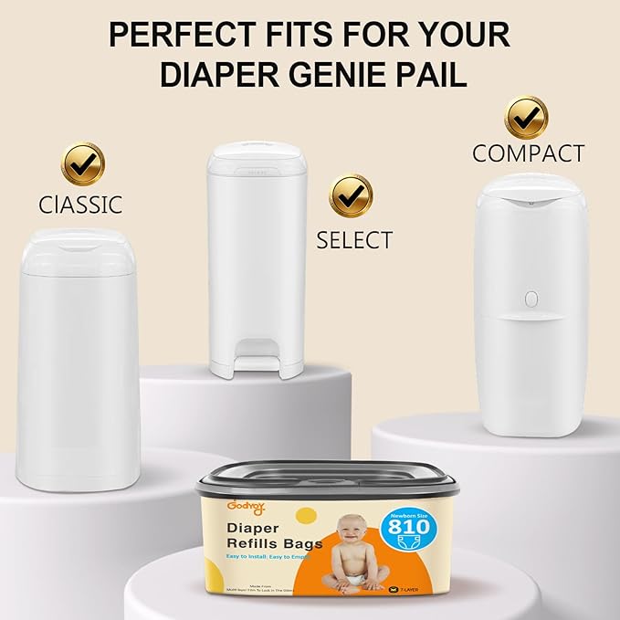 Jumbo Square Refill Compatible with Diaper Genie Classic/Compact/Select Pails,Odor Control & Durable,Holds Up to 810 Newborn Diapers,Unscented Disposal Bag Refills with Continuous Film（3 pack）