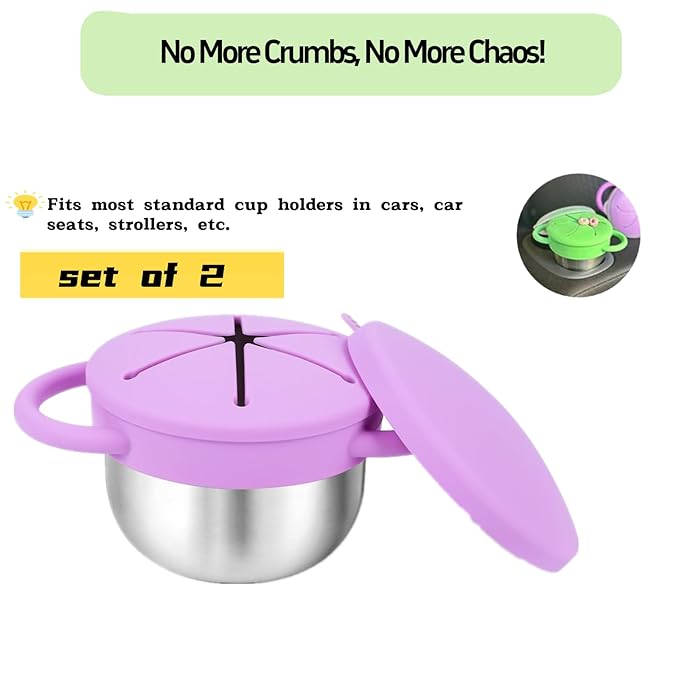 Toddler Snack Cups with Lid Spill Proof, Stainless Steel Baby Toddler Kids Snack Containers, 2 Pack Snack Catcher (Pink&Green)