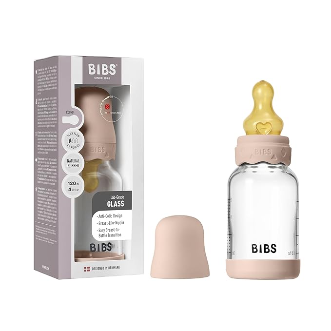BIBS Boheme Baby Glass Bottle 4 oz /120 ml. Anti-Colic. Round Natural Rubber Latex Nipple. Supports Natural Breastfeeding - Blush