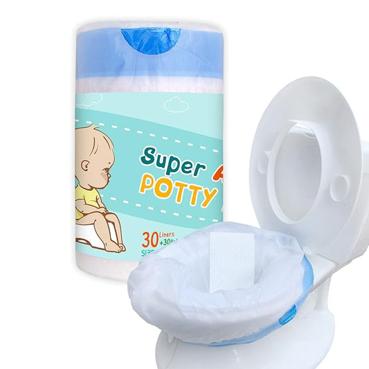 Disposable Potty Chair Liners with Drawstring for Universal Potty Training Toilet Seat, Toddler Portable Outdoors Travel Toilet Liners with Super Absorbent Pad - 30 Pack