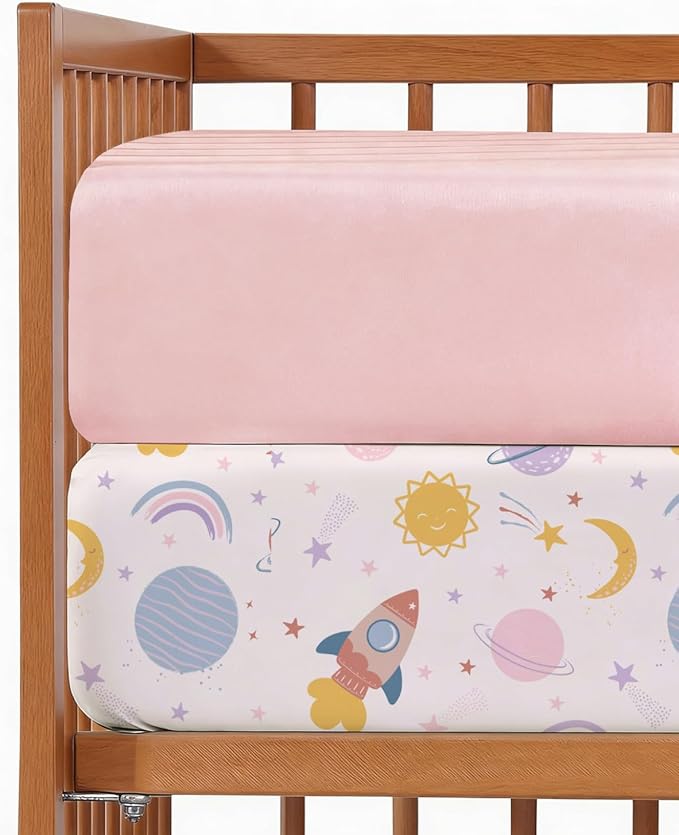 Baby Crib Sheets for Boys & Girls - Pack of 2 Fitted Microfiber Crib Sheets for Standard Crib & Toddler Mattress - Soft, Breathable & Wrinkle Free - Machine Washable, Oeko Tex - 52x28x8in - Space Girl
