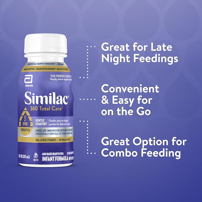 Similac 360 Total Care Gentle Comfort Baby Formula, Easy-to-Digest Formula, Has 5 HMO Prebiotics, Ready-to-Feed Infant Formula, 8-fl-oz Bottle, Pack of 24