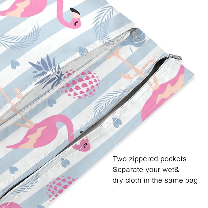 Moudou 2pcs Flamingo Wet Dry Bag Waterproof Reusable Baby Cloth Diaper Wet Dry Organizer with Two Zippered Pockets for Travel, Beach, Pool, Stroller, Diapers, Dirty Gym Clothes, Wet Swimsuits