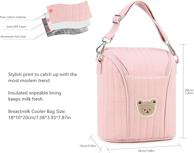 Lmbabter Embroidered Bear Stroller Organizer Tote Bag, Bottle Insulation Pouch, Portable Cooler Storage Essential for Milk/Breast Pump,Baby Travel Supplies (Pink)