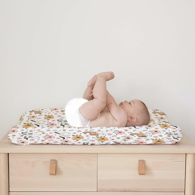 Watercolor Horse Boho Floral Changing Pad Cover Cute Horses Baby Diaper Change Table Pad Cover for Boys Girls Soft Breathable Stretch Snug Fitted Diaper Changing Mat Sheets Covers 32''x16'' White