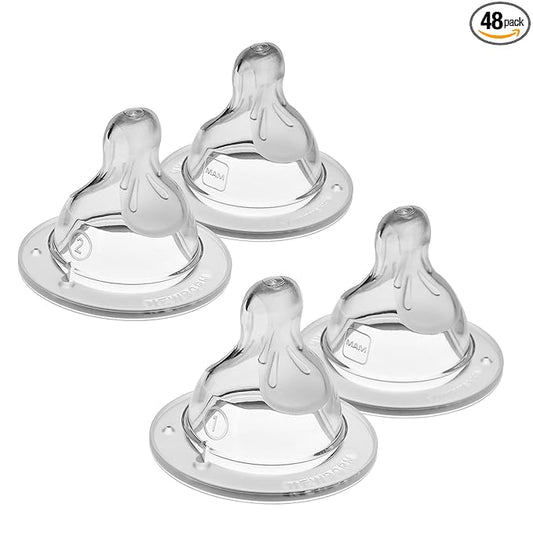 MAM Bottle Nipples Mixed Flow Pack - Slow Flow Nipple Level 1 and Medium-Flow Nipple Level 2,for Newborns and Older,SkinSoft Silicone Nipples for Baby Bottles,Fits All MAM Bottles,(Pack of 48)