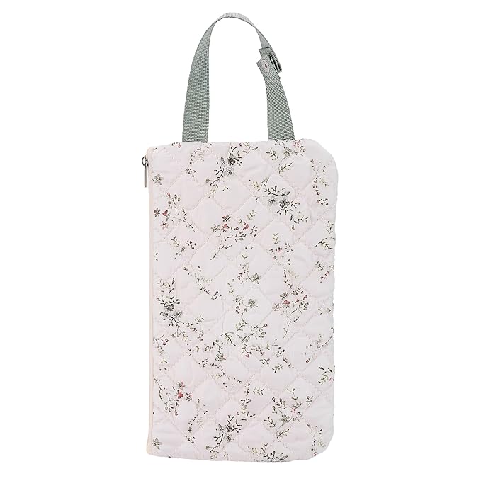 Quilted Baby Wipe Holder, Canvas Floral Quilted Pouch with Hanging Strap, Portable Diaper Wipe Holder for Travel Stroller-Green Leaves