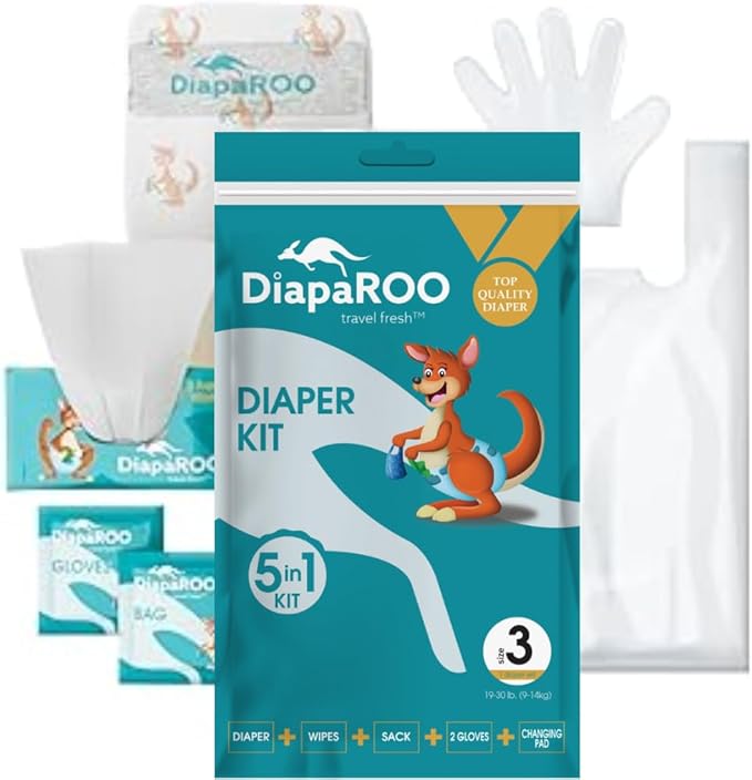 DiapaROO All-in-One Travel Diaper Changing Kit – 5-in-1 Kit Disposable Diaper, Wipes, Gloves & Disposal Bag – Pocket-Sized Emergency Kit for On-The-Go Parents – Compact Disposable Changing Size 3