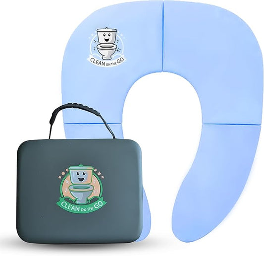 Travel Potty Seat: Portable w Carrying Case for Toddler Toilet Training, Foldable Non-Slip Silicone for kids public toilets, CLEAN ON THE GO (Blue)
