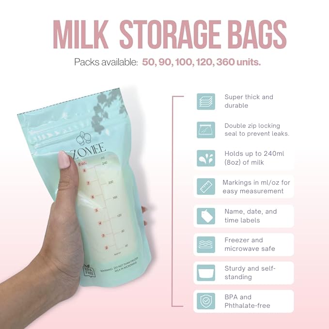 Zomee Breast Milk Storage Bags 8oz – Leakproof Double-Zip Seal, Self-Standing, Easy-Pour Design, Freezer Safe, Pre-Sterilized, BPA & Phthalate Free – Bulk Pack of 100