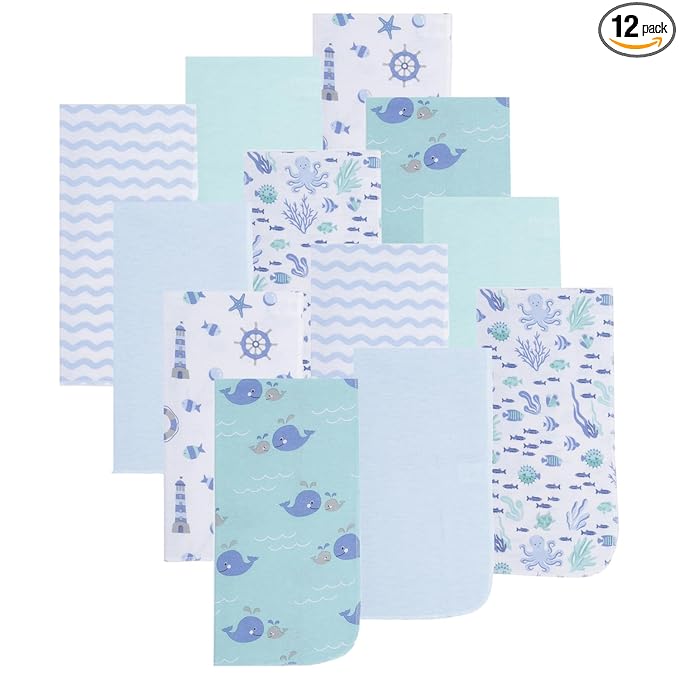 EVERYDAY KIDS 12 Pack Burp Cloths for Baby Boy; Newborn Essential with - Large Absorbent Cotton Flannel Blue/Teal Burping Cloths for Babies with Ocean, Sea Shells, Sailboats and Fish Prints and Solids