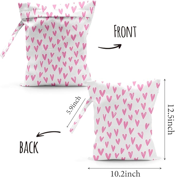 Waterproof Cloth Diaper Wet Dry Bag Reusable Travel Beach Pool Daycare Soiled Toddler Items Yoga Gym Bag for Swimsuits Wet Clothes Bags - 2pcs Love Heart Themed Pattern