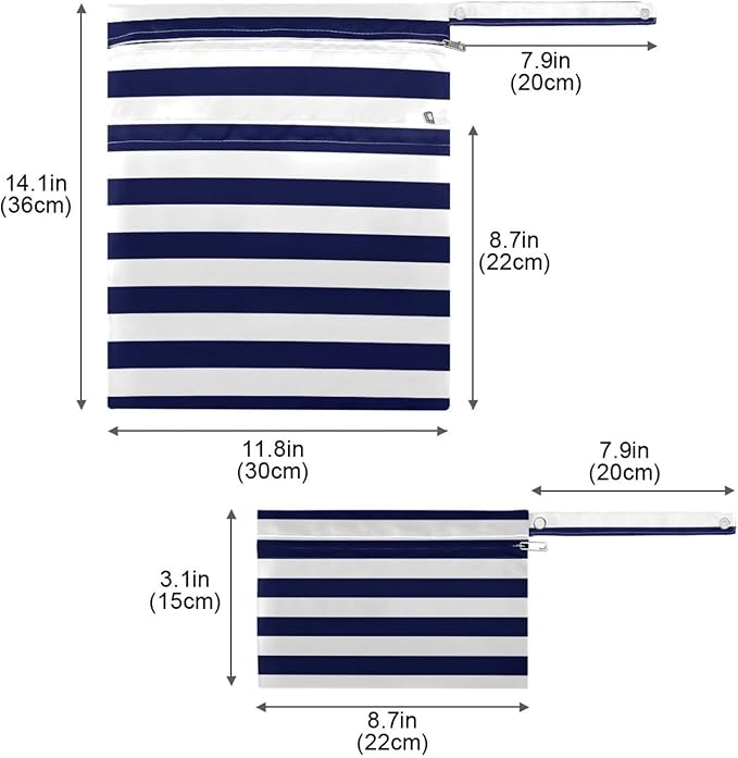 Kigai Navy Blue Stripes Wet Dry Bags 2 Pack, Waterproof Reusable Baby Cloth Diaper Wet Dry Bag with Zipper Pocket for Travel, Beach, Stroller, Gym Dirty Clothes, Wet Swimsuits